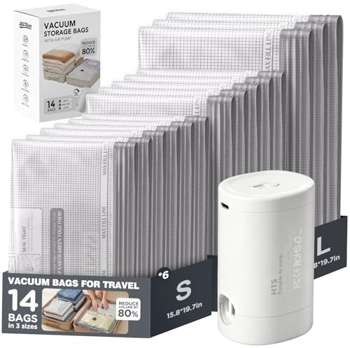 Sacchetti Sottovuoto Vestiti, Sacchetti Sottovuoto Alimenti，Buste Sottovuoto Vestiti con Pompa, Set da 14 Pezzi per Risparmiare Spazio – Ideale per Viaggi, Organizer Valigia, Casa e Campeggio