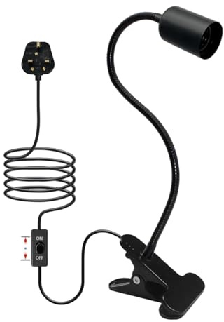 LAKONEI Clip on E27 Bulb Holder with Metal Clamp & Plug Switch, 360° Flexible Gooseneck Lamp Holder, Clamp Light for Workshop, Adjustable Stand Clip Light, Desk Shelf Rack Lighting (Black)
