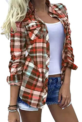 nicticsi Chemise à Carreaux Blouse Chic avec Bouton à Manches Longues Cardigan à Carreaux pour Femme Sexy Chemisiers à Col V Lâche Tunique Eté Plage Casual Shirt Blouse A Rouge L