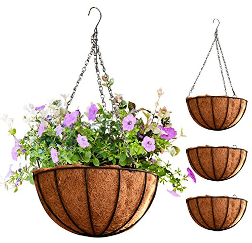 WAIZHIUA 4Pcs 20cm Garden Hanging Basket & Coco Liner, Round Hanging Basket Pots Ideal for Trailing Plants and Flowers Growth, for Indoor Outdoor Garden Porch Balcony Patio Decoration