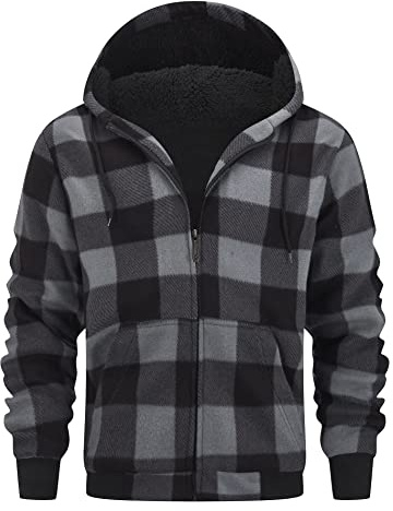 geeksport Sudadera Cuadros Hombre con Capucha Franela de Invierno Cálido Sudaderas Hombres Cremallera Forro Polar Hoodie 0569 Gris XXL