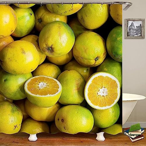 HATEGE Duschvorhang Anti-Schimmel Zitrone 3D Duschvorhänge 200x240 Frucht Duschvorhang Textil Waschbar Wsserdicht für Badezimmer Badewanne Badevorhang Bad