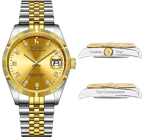 BUREI Herren Custom Uhren Personalisiertes Luxus -automatik -Armbanduhrgesschenk, Kalenderdatum Display Mit Saphirkristall -Strass -markern(Gold)