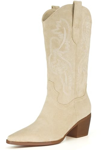 iiimmu Cowboy Boots for Women Fashion Cowgirl Western Boots Embroidered Chunky Block Heel Pointed Toes Heel height 2.5 Inches Womens Boots