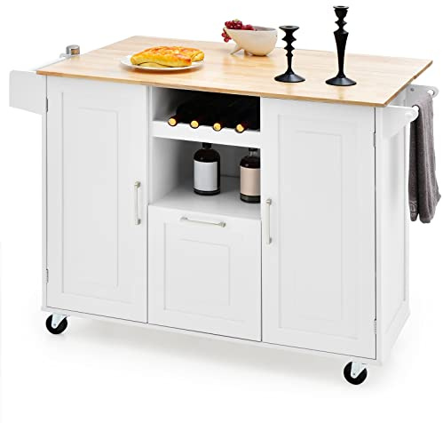 KOMFOTTEU Isola cucina mobile con piano di lavoro, carrello da cucina con cassetto, portabottiglie e 2 armadi porta, carrello da portata con ruote, carrello in legno per isola cucina, 130 x 45 cm