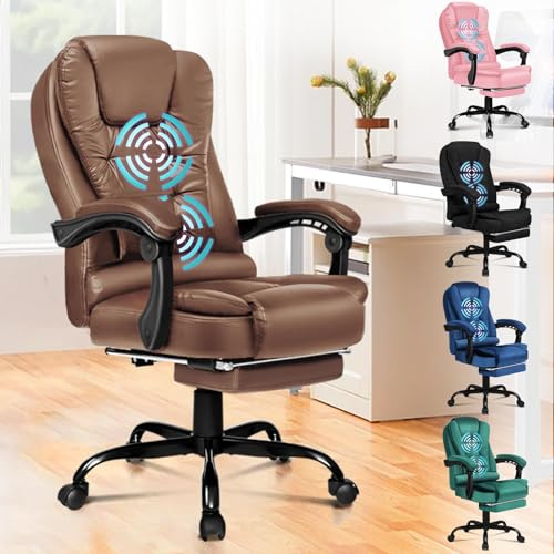 ALFORDSON Ergonomisk kontorsstol med massage, fotstöd och 150° lutningsfunktion, verkställande stol med gasfjäder, snurrstol för spel, PU-läder, brun
