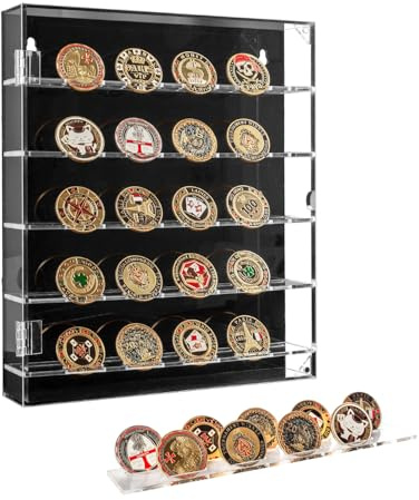 Cokritsm Caja Expositora para Monedas de Colección, 5 Niveles Acrílico Caja de Monedas s con Estante Extraíble y Puerta magnética,para 45 Monedas Militare Monedas de Anime