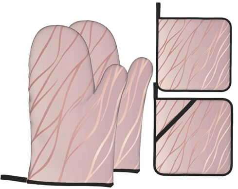 4 Pcs Rose Gold Oven Mitts and Potholders,Kitchen Oven Glove with Pot Holders,Non-Slip Gloves High Heat Resistant 500 Degree for BBQ, Grill, Baking, Cooking, Oven, Microwave