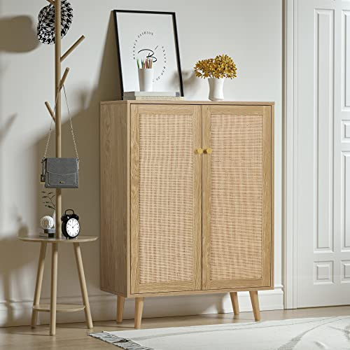 Skokliz Mueble de Cocina, aparador con 2 Puertas Inserciones de ratán, Buffet gabinete de Almacenamiento de Muebles, 80x34x112cm para la Cocina, Comedor, Sala de Estar, la Naturaleza