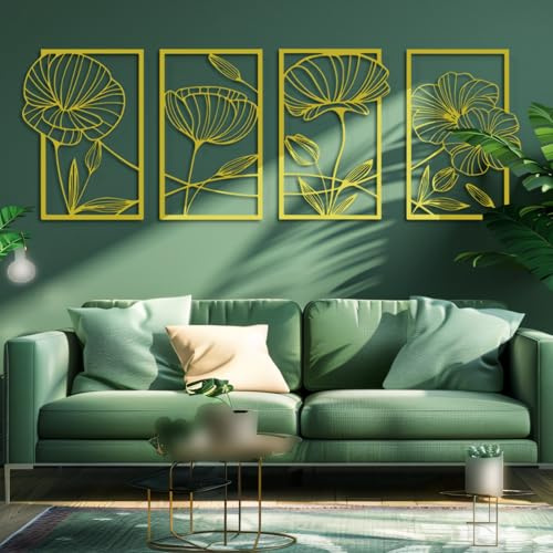 GSWBO 4 Pezzi Decorazione da Parete In Metallo, Quadri con Fiori, Moderno Soggiorno Decorazioni Parete, Sculture a Parete In Forma di Loto, Minimalista Decorazione da Parete per Camera da Letto (Oro)