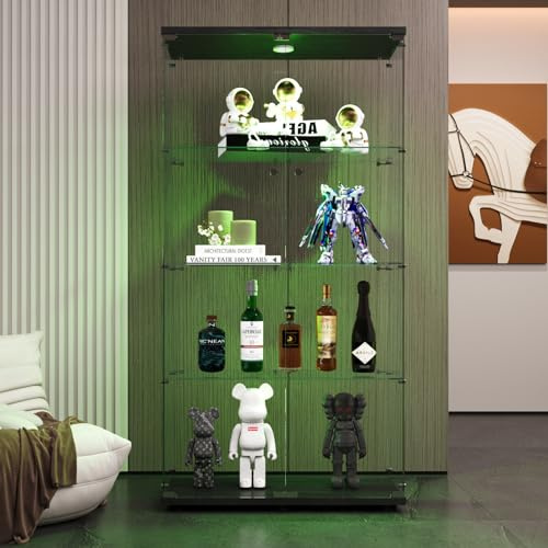 Glasmonter, displayskåp, fyra lager modern samling garderob med 2 dörrar, skåp i glas med LED, för sovrum, vardagsrum, 80,49 x 36,49 x 163,9 cm, svart
