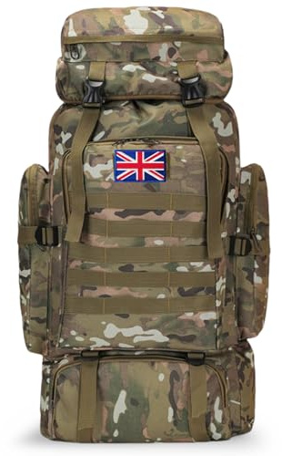 Lesbyit 80L Waterproof Hiking Backpack, Lightweight Tactical Rucksack for Camping & Travel, Large Capacity, with 2 British Flags, CP