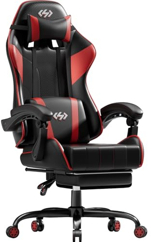 HLONONE Gaming Stuhl, Ergonomischer Gamer Stuhl mit Taschenfederkissen, Racing Gaming Sessel mit Fußstütze und Lendenwirbelstütze, Verstellbarer Bürostuhl 150 kg Belastbarkeit, PC Stuhl, Schwarz-Rot
