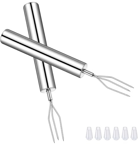 DOPENSPI 4 forchette per patate in pellet con tappi di sicurezza, 14 cm, in acciaio inox, forchetta per patate a tre zampe, riutilizzabili, utensili per grigliare verdure e grigliate (2)