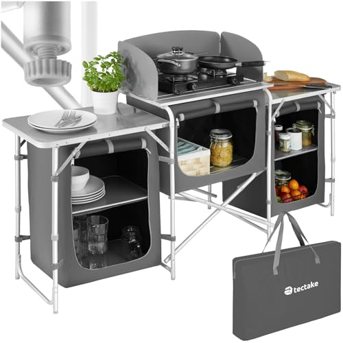 tectake® Meuble de Rangement Cuisine de Camping Pliable XXL en Aluminium, avec 5 Étagères, Plan de Travail, Pieds réglables, Sac de Transport Inclus, Stockage pour Vaisselle, Accessoires Cuisine