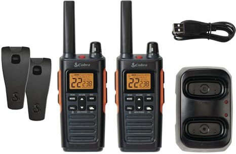 Cobra RX680 Walkie Talkies (2-Pack) - Rugged & Splashproof Two Way Radios Long Range, IP54 Water Resistant Design, 60 Pre-Programmed Channels, Weather Alerts, Included Charging Dock (Black/Orange)