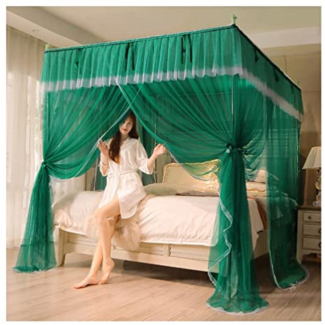 Princess Room Bed Canopy Mosquito Net, 4 Corner Post Bed Curtain Bedroom Decoration for Twin Queen King (Color : Green-2, Size : 120X200cm/47X79inch) (Green 1)