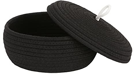 Sea Team Round Woven Cotton Rope Storage Basket with Lid, Black