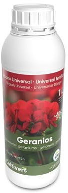 CULTIVERS Fertilizante Geranios Ecológico Líquido 1 L Hojas más Verdes, Mayor Floración e Intensifica el Color. con Macronutrientes y Micronutrientes. Abono 100% Orgánico