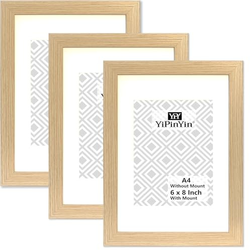 A4 Oak Wood Effect Photo Frame set of 3 with mount for 6x8 photo, Natural Wood A4 Picture frames 3 Pack, A5 frames With Perspex Front for Tabletop or Wall Display