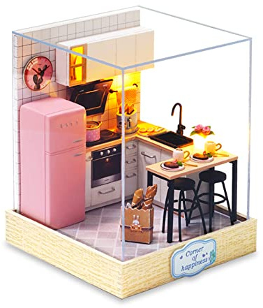 Cuteefun DIY Miniature Doll House Kits, with Dust Cover and LED Light | Mini House, Wooden Dollhouse Kit, Handmade Crafts for Adults and Teens, Home Decor, Creative Gift (Kitchen)