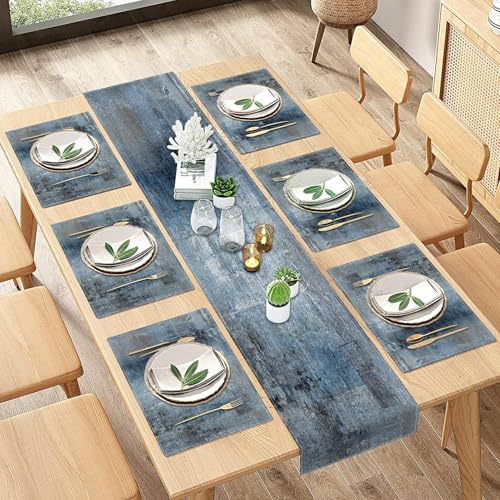 ArtSocket Farmhouse Table Runner and Placemats Set of 6, Abstract Blue Grey Gray Vintage Painting Art Dining Table Decor for Daily Use(1 Table Runner 72 inches Long and 6 Placemats)