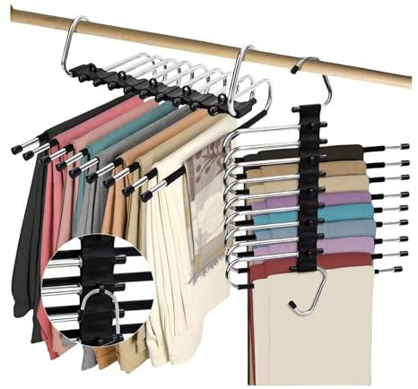 Trrcylp 2pack 9 Layer Collapsible Pants Hangers Space Saving Trousers Hangers Multifunctional Pants Rack Hanger for Wardrobe Trousers Scarf Jeans (Black)