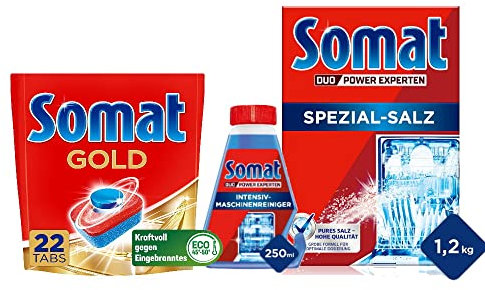 Somat Gold Spülmaschinen Tabs (22 Tabs), Extra-Kraft & Somat Intensiv-Maschinenreiniger, flüssig zur Tiefenreinigung, mit Entkalkungsfunktion, 250 ml & Spezial Salz 1,2Kg