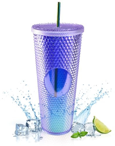 REFORUNG Bicchieri di Plastica con Coperchio e Cannuccia da 710ml Tazza con Borchie Opache Bicchiere da Viaggio di Plastica a Doppia Parete Tazza da Caffè per Tutti i Tipi di Bevande Fredde o Calde