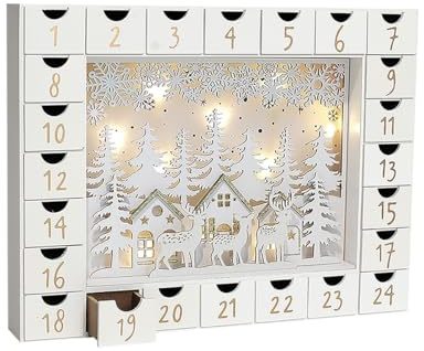 PIONEER-EFFORT Christmas Wooden Advent Calendar with 24 Drawers to Fill Small Gifts Christmas Scene with LED Lights Countdown to Xmas Tabletop Decoration