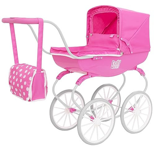 Dolly Tots Carriage Pram | Traditional Style Dolls Pram with White Wheels & Matching Bag | Premium Pushchair Toy for Kids Age 3+ | Classic Push Along Pram for Girls & Boys
