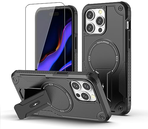 ScandiCasis Magnetic Case Compatible with iPhone 13 Pro Max, [Built-in Kickstand] and [Screen Protector] Military Grade Shockproof Case 360 Full Body Protective Silicone TPU Bumper Cover Black