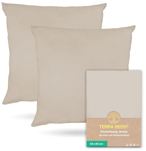 Terra Beds Kissenbezug 60x60 (Set mit 2) - 100% Baumwolle Jersey 160 g/m², Oeko-Tex Zertifiziert - Kopfkissenbezug für Kissen 60x60 mit Reißverschluss, dehnbarem weich und atmungsaktiv - (Beige)
