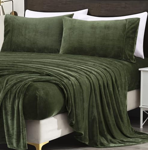 Chezmoi Collection Extra Soft Fleece Sheet Set Twin, Microplush Non-Pilling Velvety Bed Sheet, Deep Pocket - Lightweight All Season Warmth, Twin, Olive Green