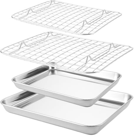 WOPPLXY Set di 2 teglie con griglia di raffreddamento, 23,5 x 17,5 x 2,5 cm e 26,5 x 20,5 x 2,5 cm, teglia da forno con griglia di raffreddamento, in acciaio inox con griglia per torte, per cuocere,