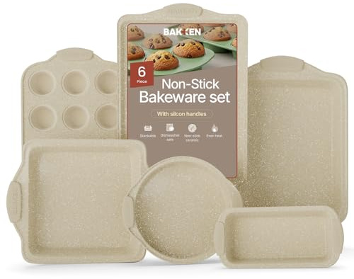BAKKENMASTER 6-Piece Deluxe Nonstick Baking Pan Set - Professional Grade Carbon Steel Bakeware with White Marble Coating & Silicone Handles