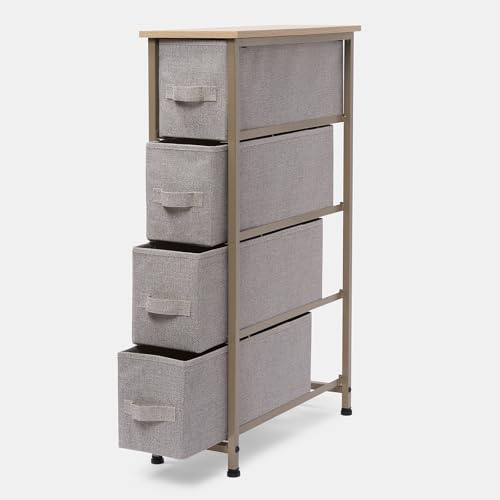 OHS Brooklyn 4 Chest of Drawers Narrow Fabric Cabinet Space-Saving Storage Organizer Stylish Sturdy Frame with 4 Canvas Drawers For Any Room or Office, Beige