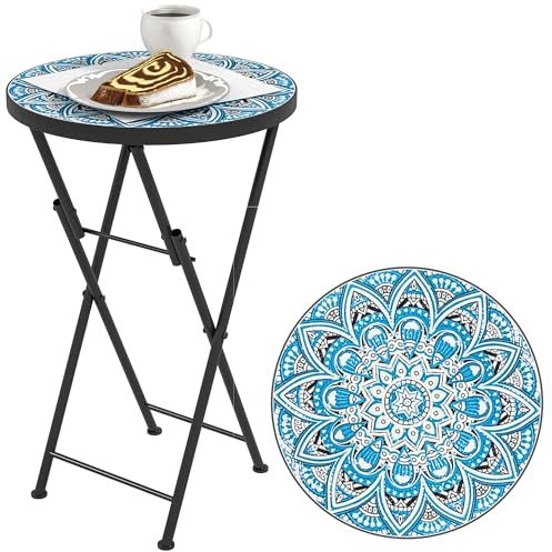 Outsunny Mesa Auxiliar Redonda Mesa de Jardín Exterior Plegable con Encimera de Mosaico y Almohadillas Antideslizantes Mesa para Exterior Terraza Patio Ø35,5x55 cm Azul