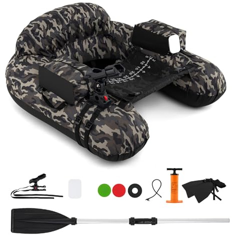GOPLUS Bote de Pesca Inflable, Barco de Pesca Hinchable con Remo de Aluminio, Aletas, Bomba de Aire, Soporte de Caña de Pescar Ajustable, Bolsillos de Almacenamiento, Portátil