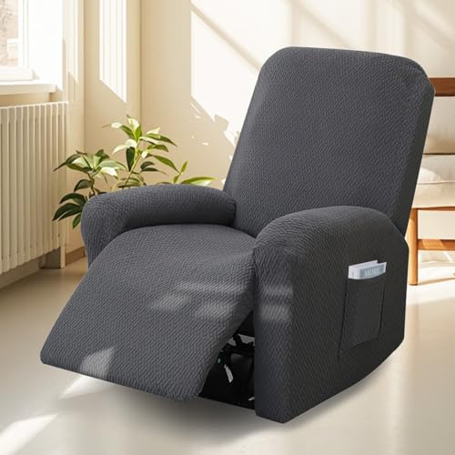 Bocguy Stretch Recliner Chair Cover, 4-Pieces Recliner Armchair Covers for Living Room Reclining Chair Slipcover with Side Pocket, High Spandex Slipcover/Lounge Cover, Slip Resistant