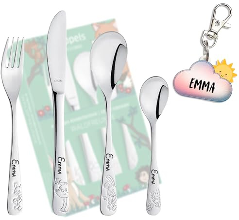 Posate personalizzate per bambini con incisione - 5 pezzi - con nome - tema foresta - con incluso un PORTACHIAVI GRATIS per cartella - regalo per battesimo, compleanno