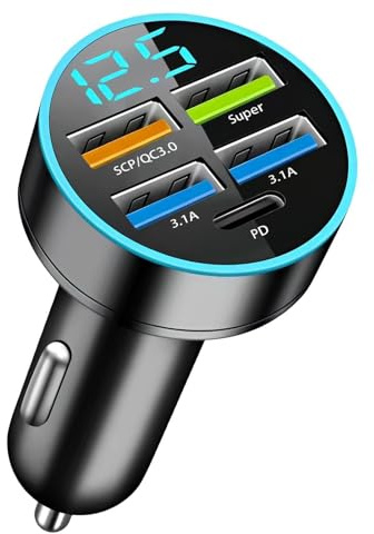 66w dubbel USB 3.1A billaddare, 5 portar USB-cigarettändaruttag telefon laddare bil snabb QC3.0 med LED voltmeter kompatibel med Samsung Android typ-C telefon för surfplattor
