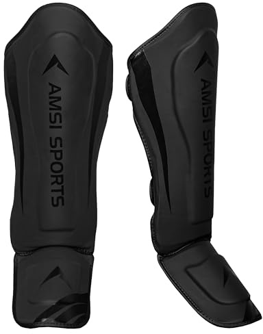 AMSI SPORTS Shin Guards – Boxing Muay Thai Instep Leg Protector for Martial Arts, Kickboxing, BJJ, Karate, Taekwondo – PU Leather reinforced MMA Shin Guards – Leg Instep with Foam Padding