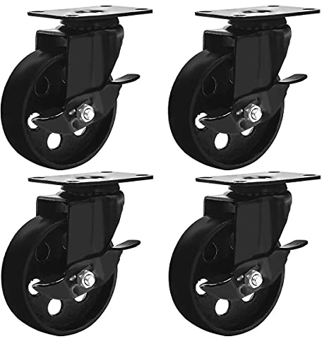 FactorDuty 4 All Black Metal Swivel Plate Caster Wheels w/Brake Lock Heavy Duty High-Gauge Steel (4 with Brake)
