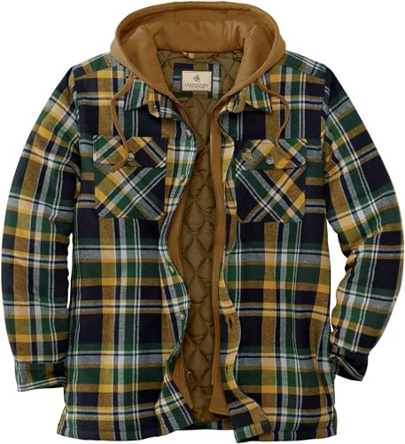 Legendary Whitetails Mens Plaid Flannel Shirt Jacket Quilted with Hood Polyfill Insulated Shacket, Field Track Plaid, LT