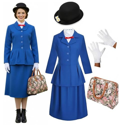 DÉGUISEMENT DE NOUNOU VICTORIENNE MAGIQUE POUR DAMES. PERSONNAGE DE LA JOURNÉE MONDIALE DU LIVRE/DE LA SEMAINE DU LIVRE. VESTE + JUPE + CHAPEAU DE MARGUERITE + GANTS + SAC EN SIMILI CUIR (X-GRAND)