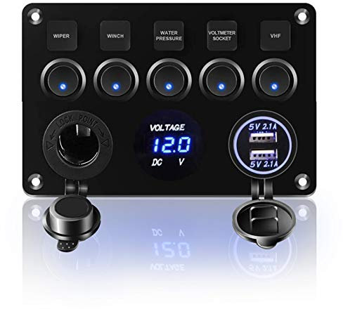KAOLALI Interruptor de Palanca 5 Interruptores 12V/24V, 4,2A Cargador Coche Doble Puerto LED, Enchufe de Encendedor de Cigarrillos, IP65 Impermeable para Barco, Coche, RV, Autocaravana, Yate (Azul)