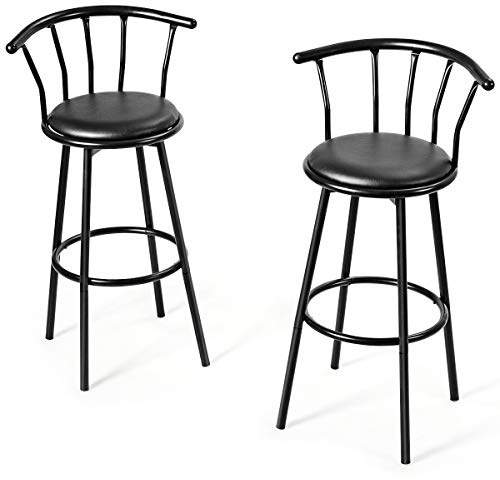 GIANTEX Set med 2 barstolar, rund barstol, säte 360° roterbar, diskstol, bistropall med fotstöd och ryggstöd, skumvadderat för barer, restauranger, kaféer, svart