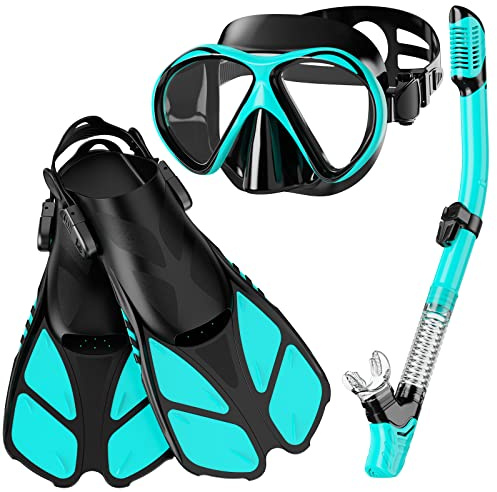 Smyidel Set e Pinne Snorkeling, Anti-Fog Maschera Subacquea Panoramica a 180 Gradi, Set per Snorkeling con Pinne Regolabil e di Tubi a Secco, Maschera Snorkeling Anti-Perdite, Unisex Adulto