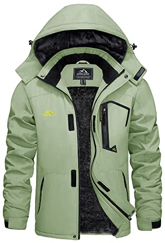 KEFITEVD Skidjacka för män, ventilerande, varmfodrad vinterjacka med avtagbar huva, snowboardjacka, vattentät utomhusjacka, Ljusgrön, 3XL